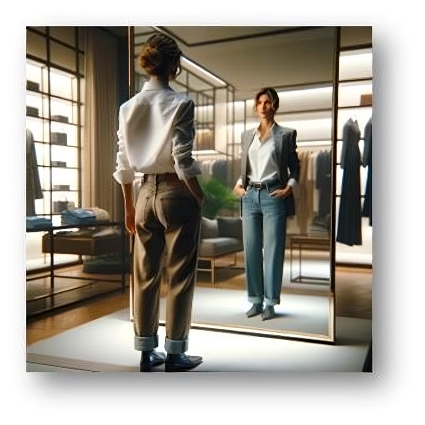 Woman staring at herself at the mirror with changed cloth